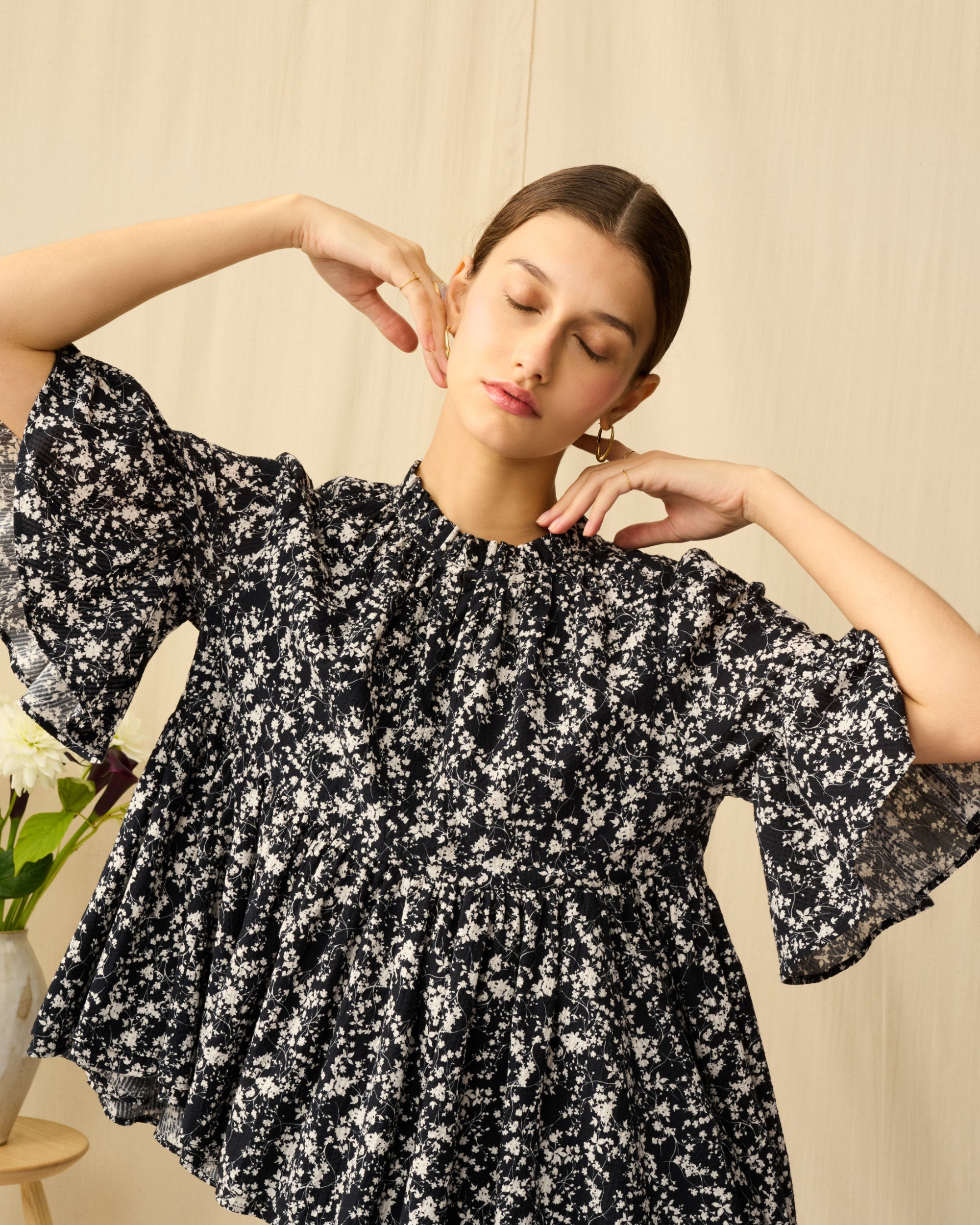 【予約】星明りのブラウス Seersucker Shadow Play/Black